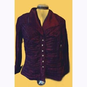 Cachet Shiny Crinkle Pleats Burgundy  Fitted Bodycon Jacket Rhinestone Buttons 6